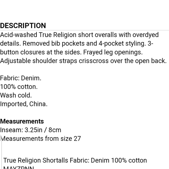 🔥Size25,26🔥True Religion Denim Short Overalls - Picture 5 of 6